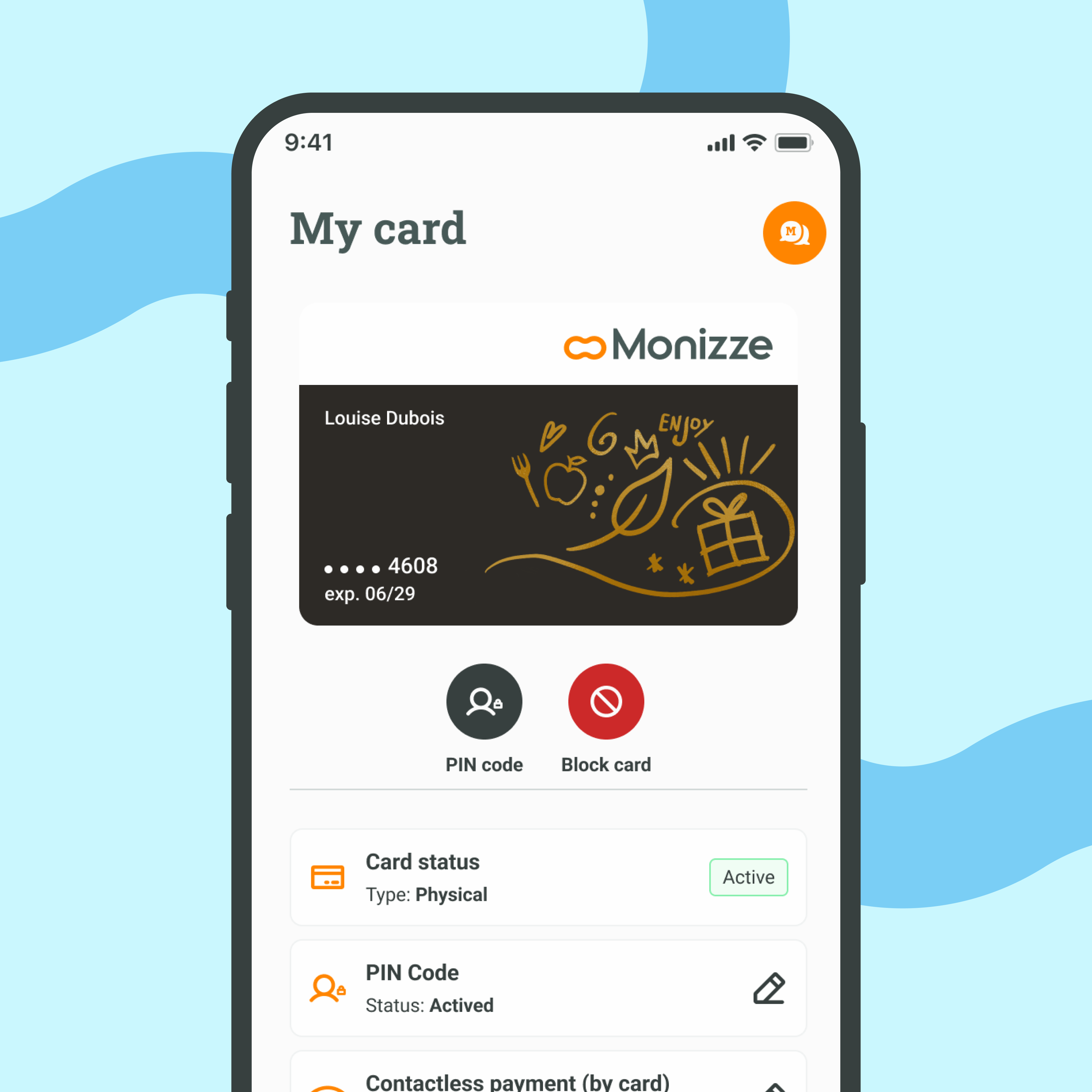 Card screen in the Monizze app