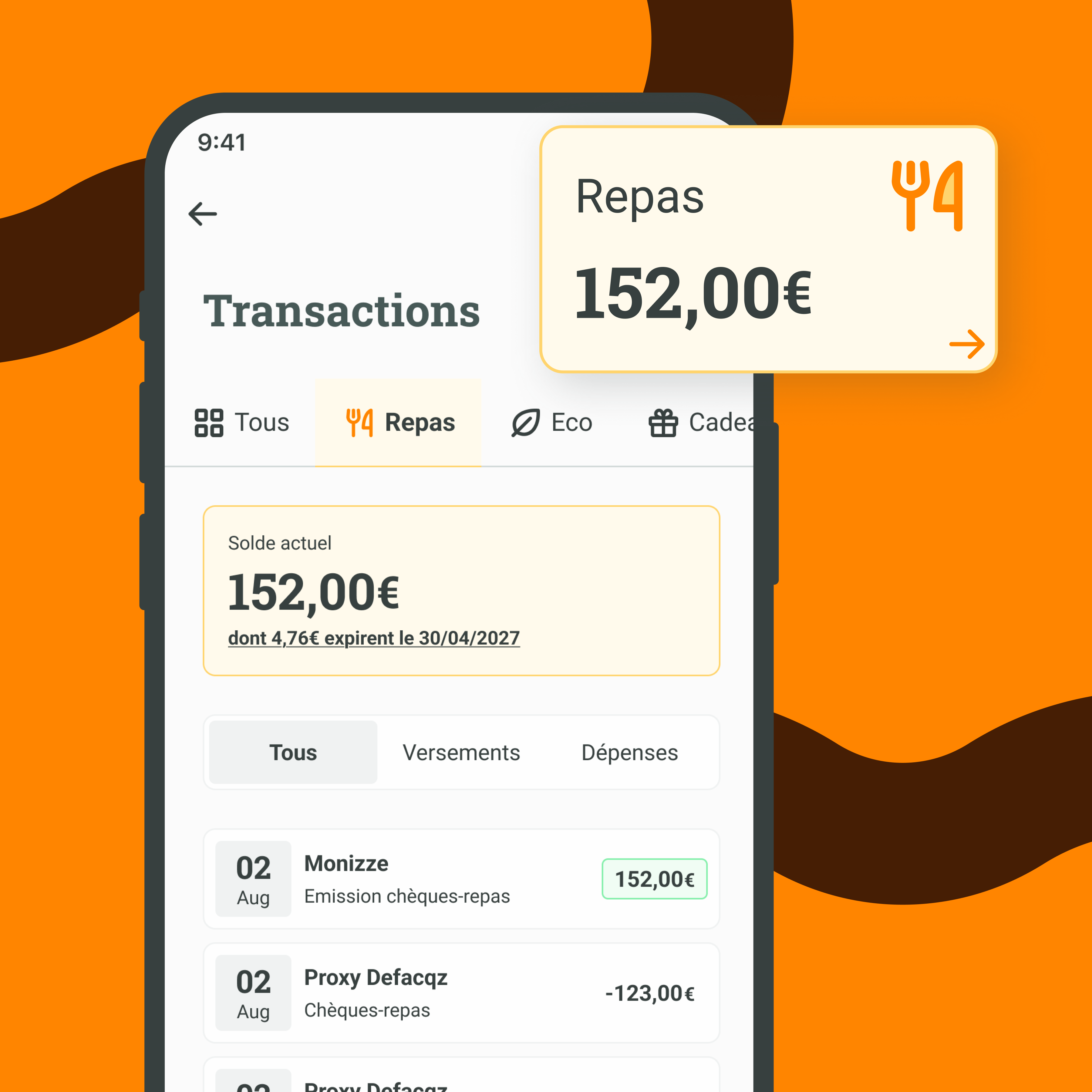 Écran des transactions dans l'app Monizze