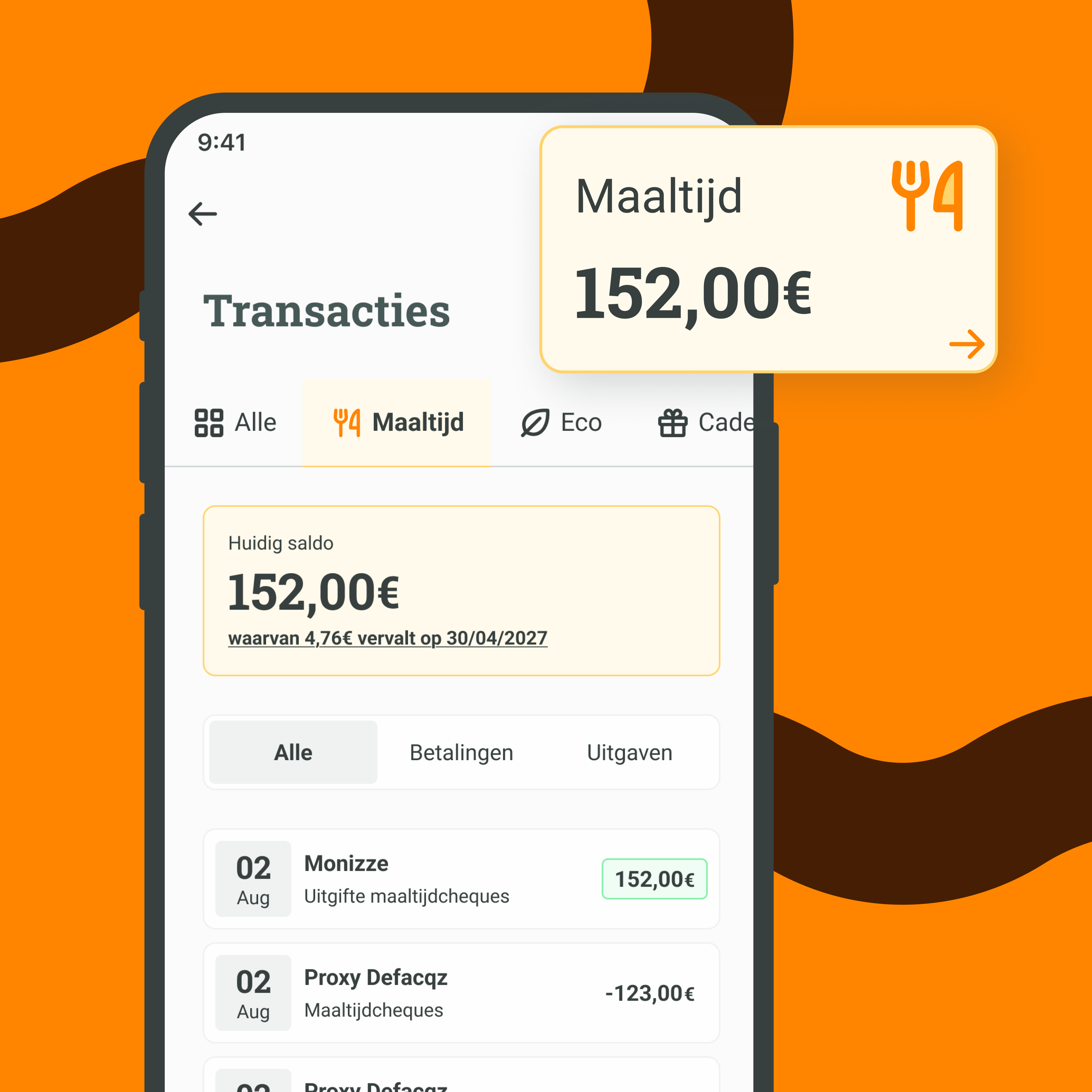 Transactiescherm in de Monizze-app